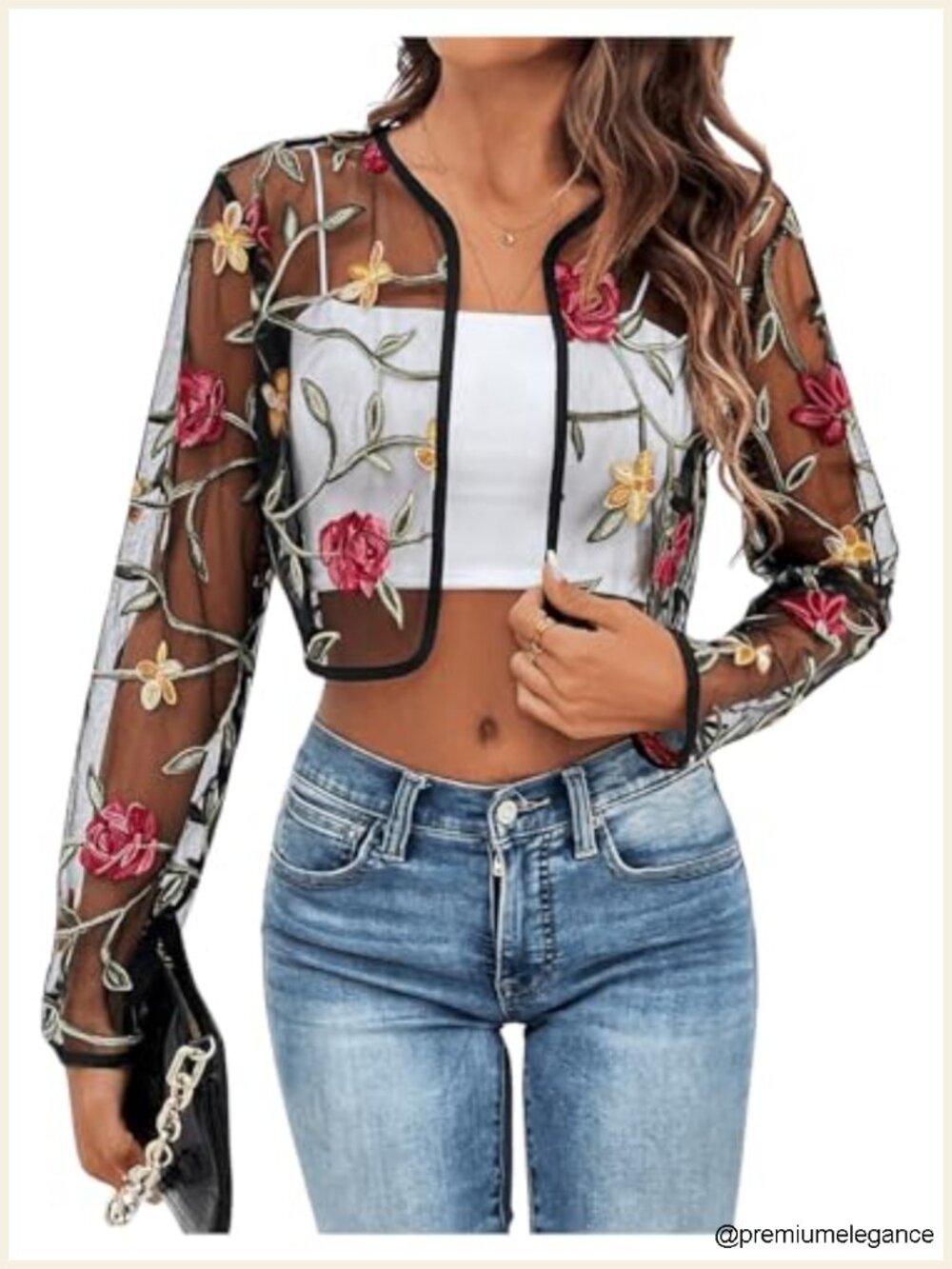 Women's Floral Embroidered Sheer Bolero Open Front Crop Jacket Long Sleeve Mesh